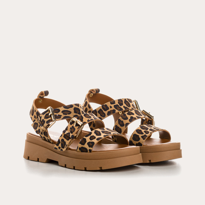 Sandals Logan leather velvet leopard with flanges - Reqins