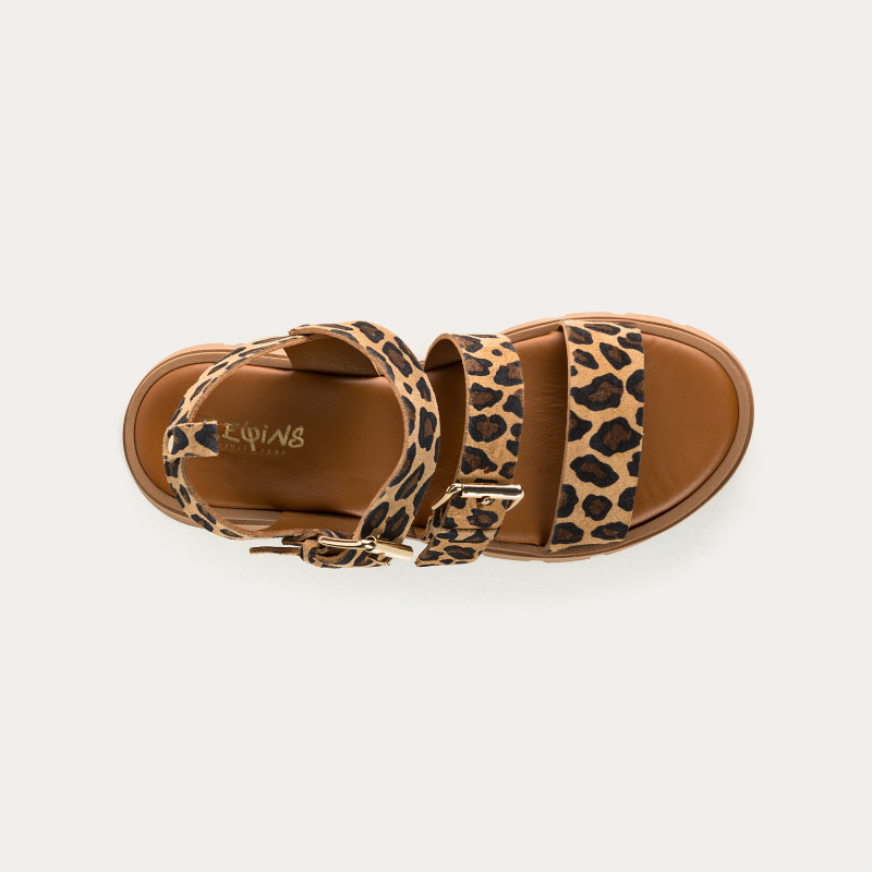 Sandals Logan leather velvet leopard with flanges - Reqins