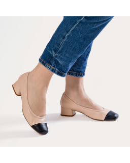 Ballerines bicolores à talons chair/noir en cuir lisse