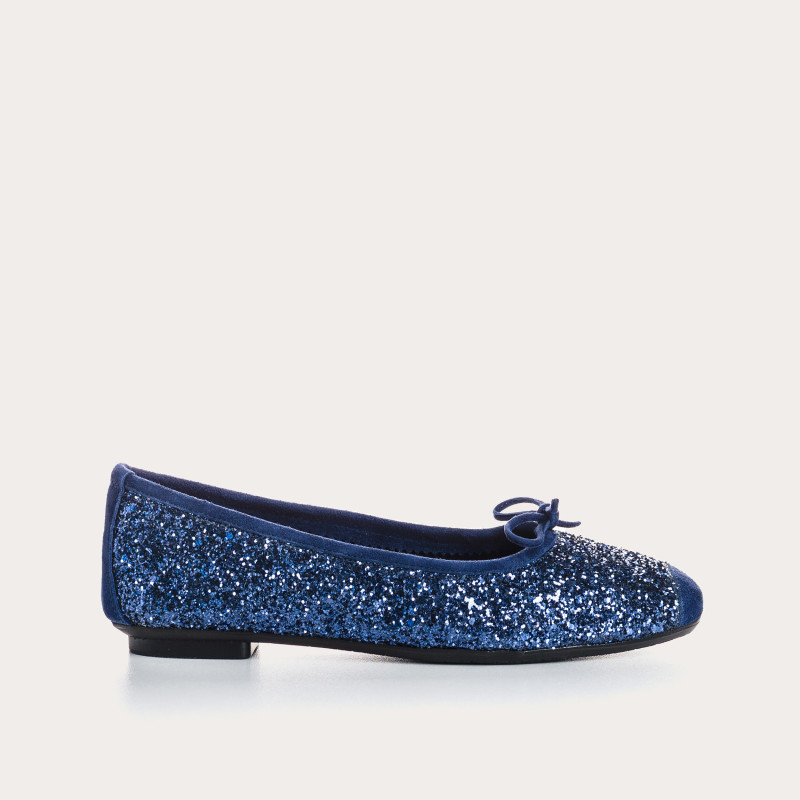 Flat-knotted flat ballerinas with glitter fabric with velvet leather reinforcement
