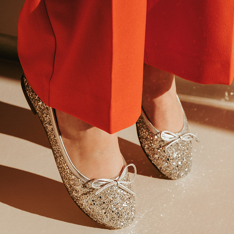 Ballerines plates à nœud en tissu pailleté avec bout arrondi