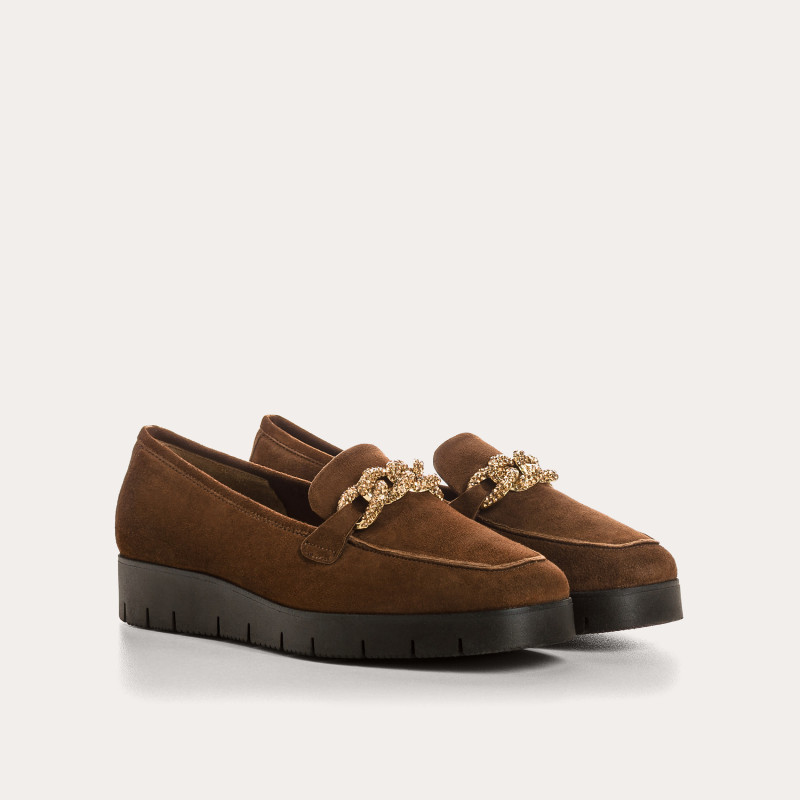 Velvet leather wedge moccasins with silver rhinestones