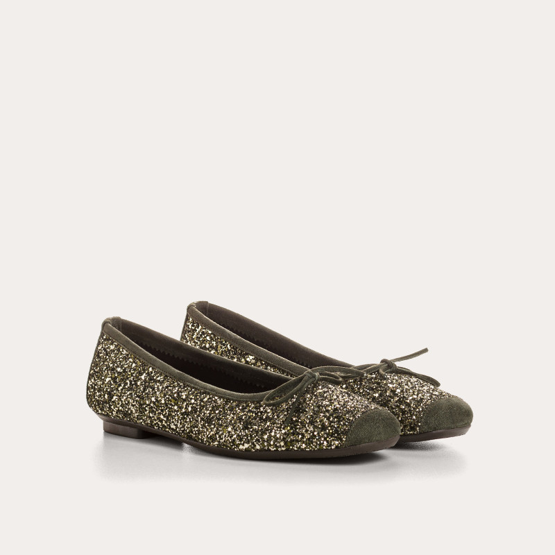 Ballerines plates à nœud en tissu pailleté avec renfort en cuir velours