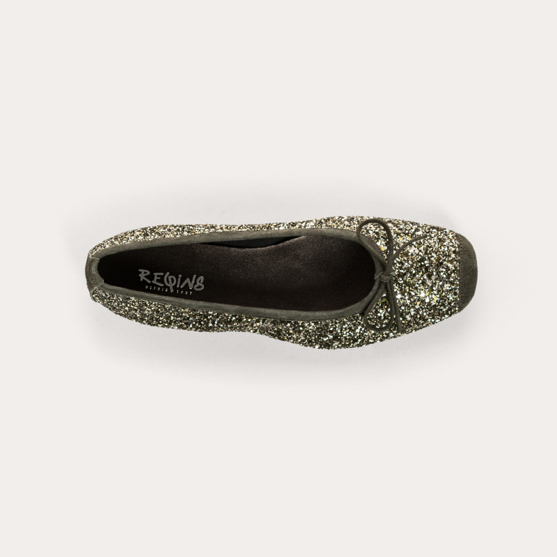 Ballerines plates à nœud en tissu pailleté avec renfort en cuir velours