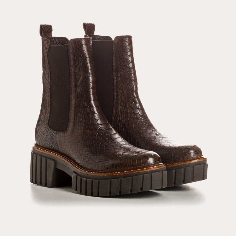 Boots Chelsea noires en cuir embossé python avec élastiques