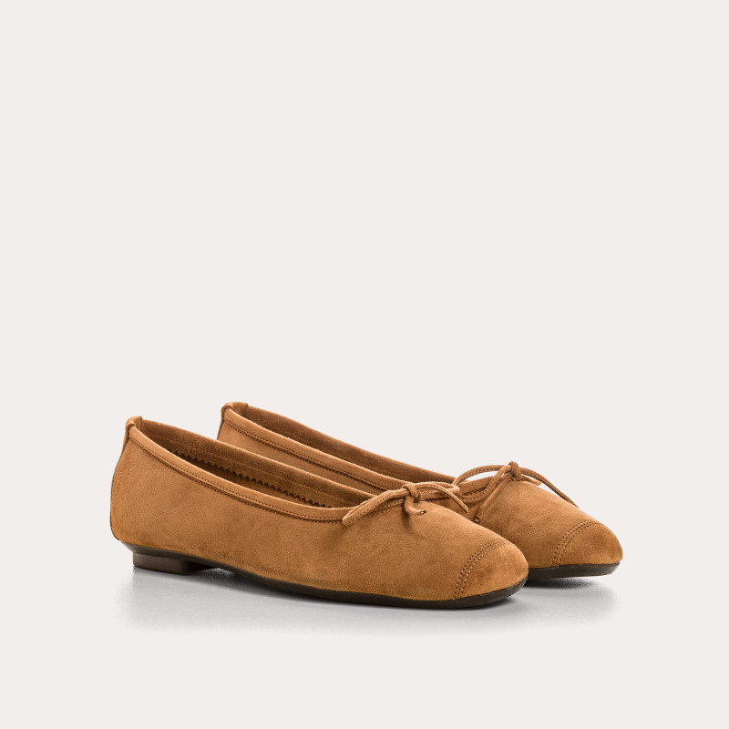 Ballerines plates à nœud en cuir velours avec renfort à la pointe