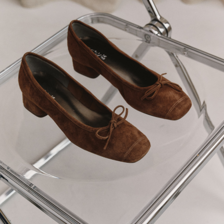 Ballerines à talons en cuir velours avec noeud