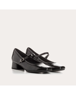 Babies à talons mi-haute en cuir vernis avec boucle dorée ou argentée