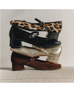 Babies à talons mi-haute en cuir vernis avec boucle dorée ou argentée