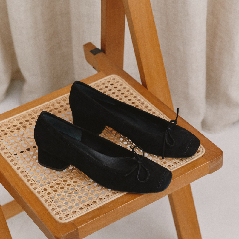 Velvet leather heeled ballerinas with knot