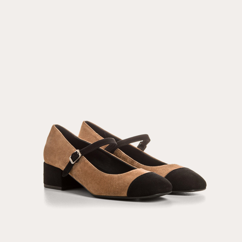 Babies Rosaria Velvet Leather Camel and Black | Reqins