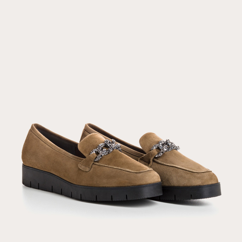 Mocassins compensés en cuir velours avec strass argent