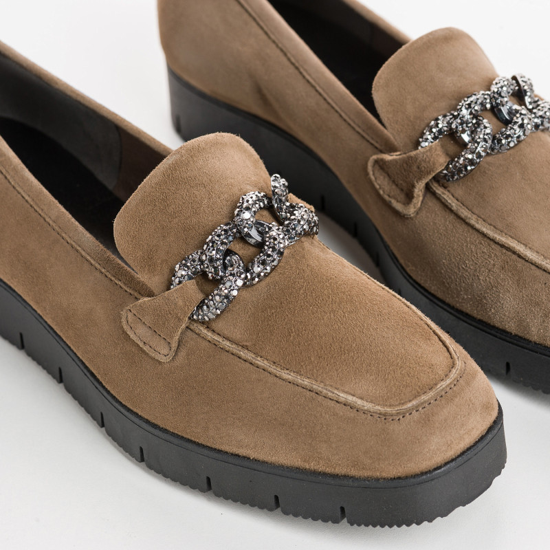 Mocassins compensés en cuir velours avec strass argent
