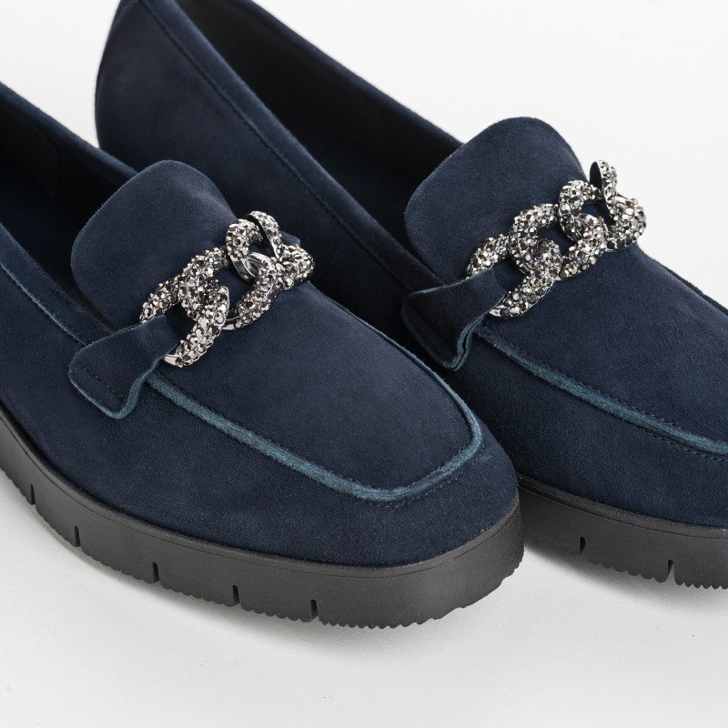 Velvet leather wedge moccasins with silver rhinestones