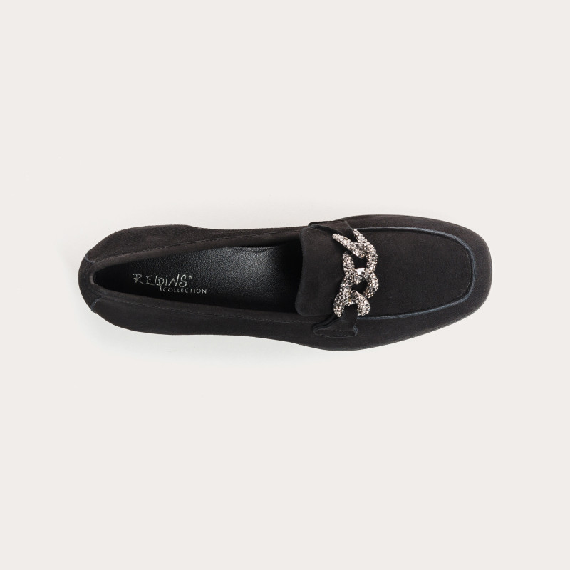 Mocassins compensés en cuir velours avec strass argent