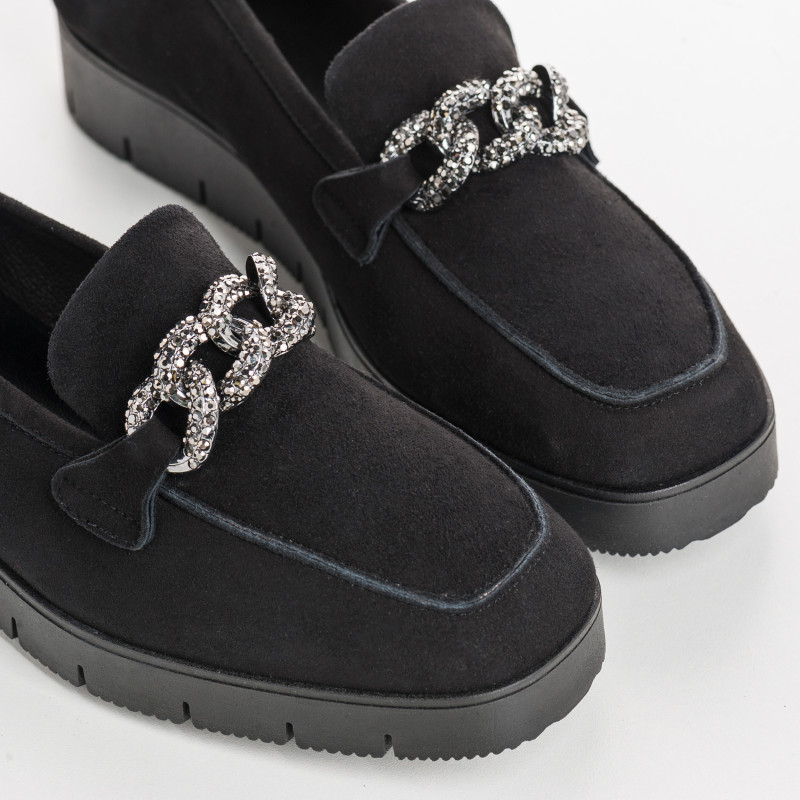 Velvet leather wedge moccasins with silver rhinestones