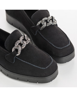 Velvet leather wedge moccasins with silver rhinestones